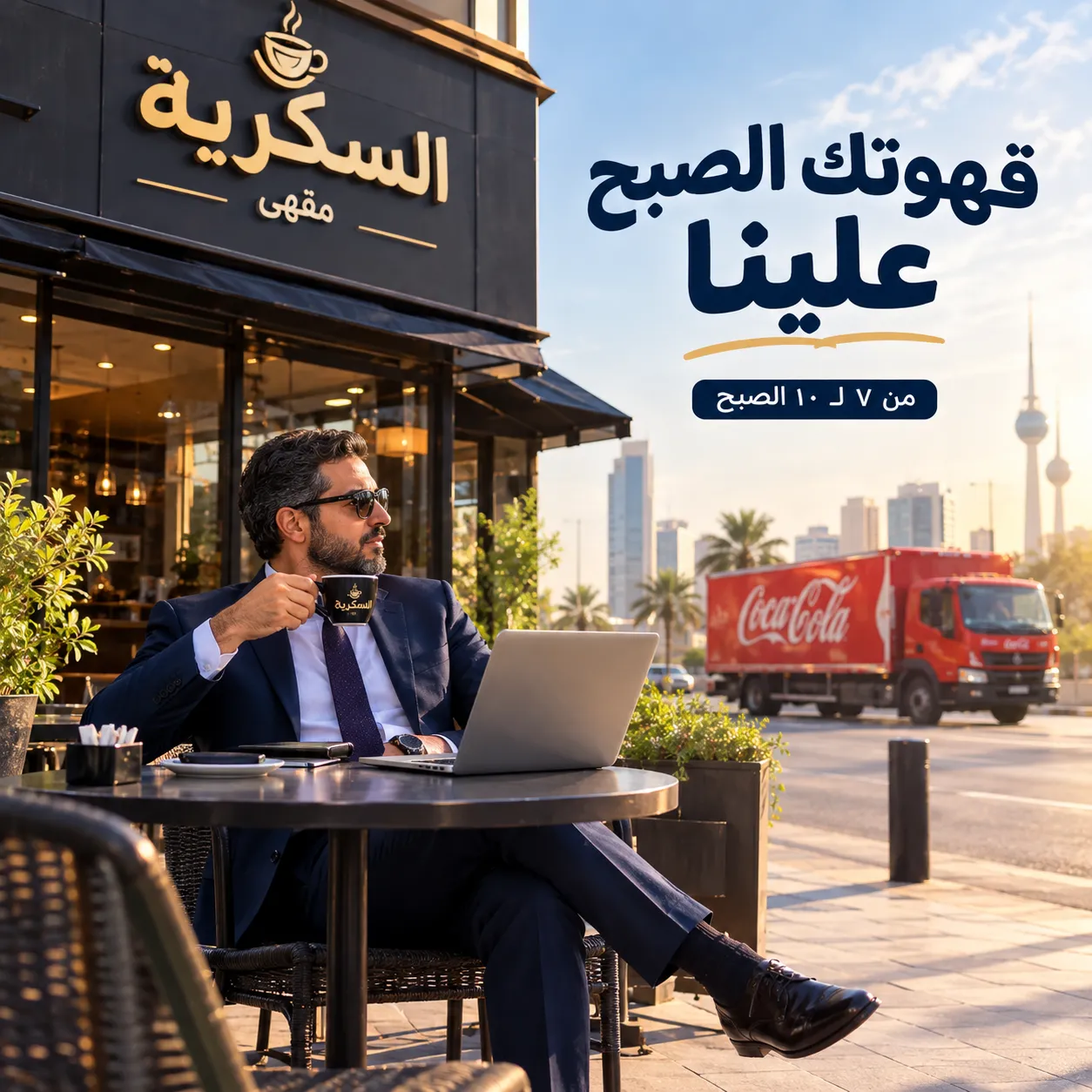 بوستر لمقهى مكتوب عليه "قهوتك الصبح علينا" ويكون واضح اسم المقهى (السكرية )…